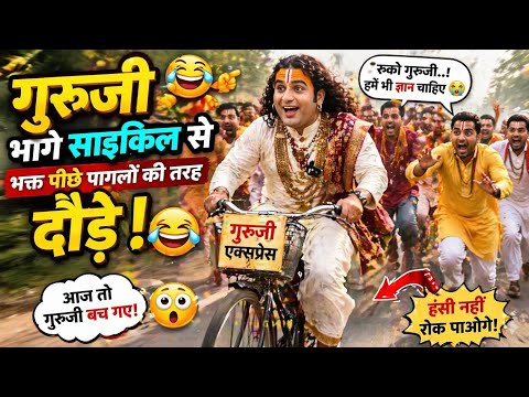 गुरुजी साइकिल से भागे 😱 पीछे भक्त दौड़े! 😂 |  Anirudh Acharya ji | #comedy 