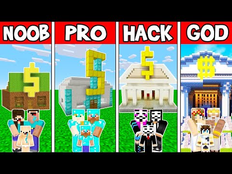 Minecraft: FAMILY SECURE BANK HOUSE BUILD CHALLENGE - NOOB vs PRO vs HACKER vs GOD in Minecraft