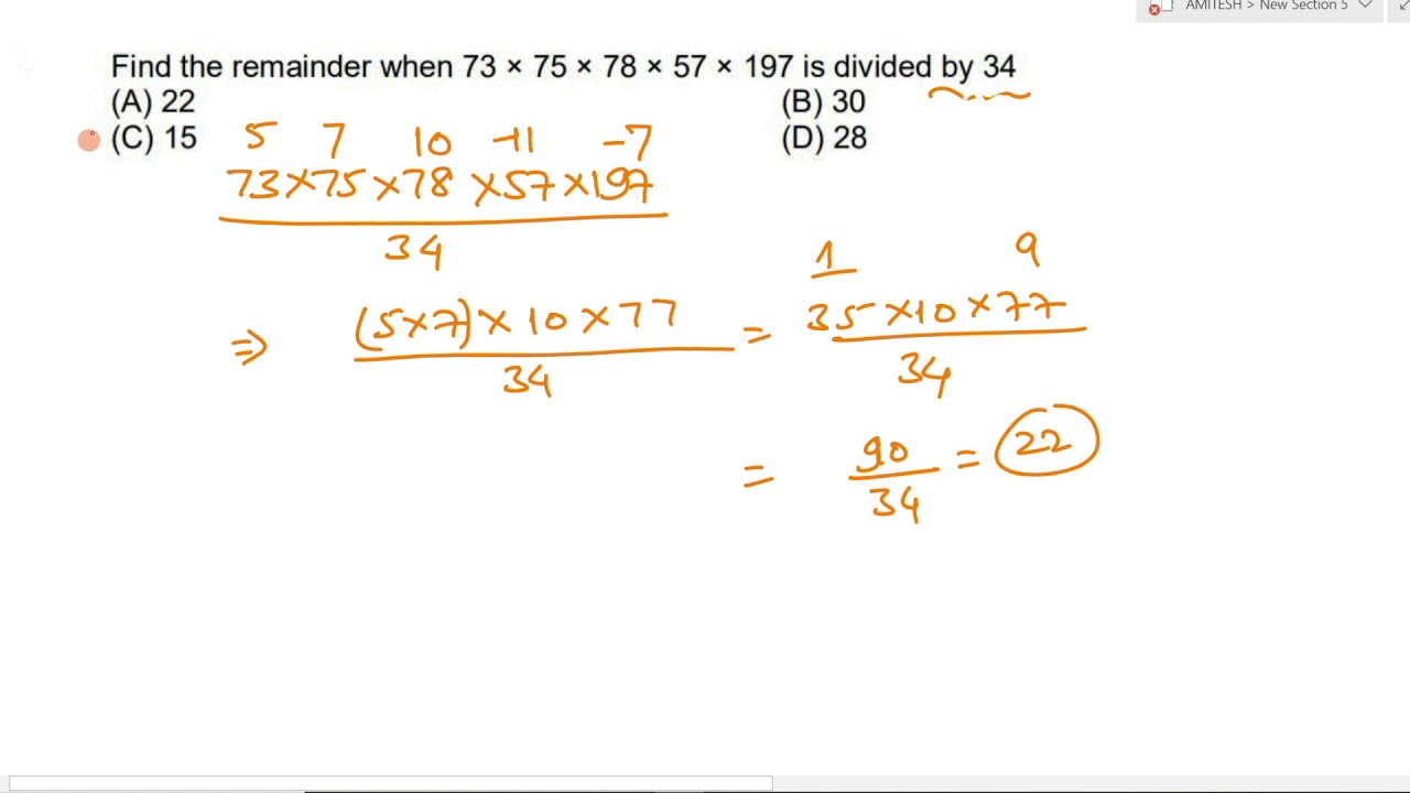 find the remainder when 73×75×78×57×197 is divided by 34