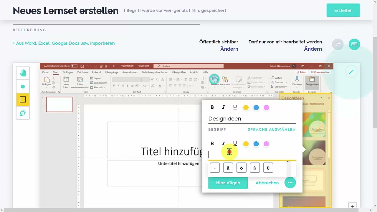 Quizlet Set mit einem Schaubild erstellen