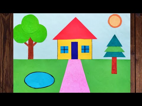 How to make scenery using geometrical shapes |House scenery with geometrical shapes |Village scenery