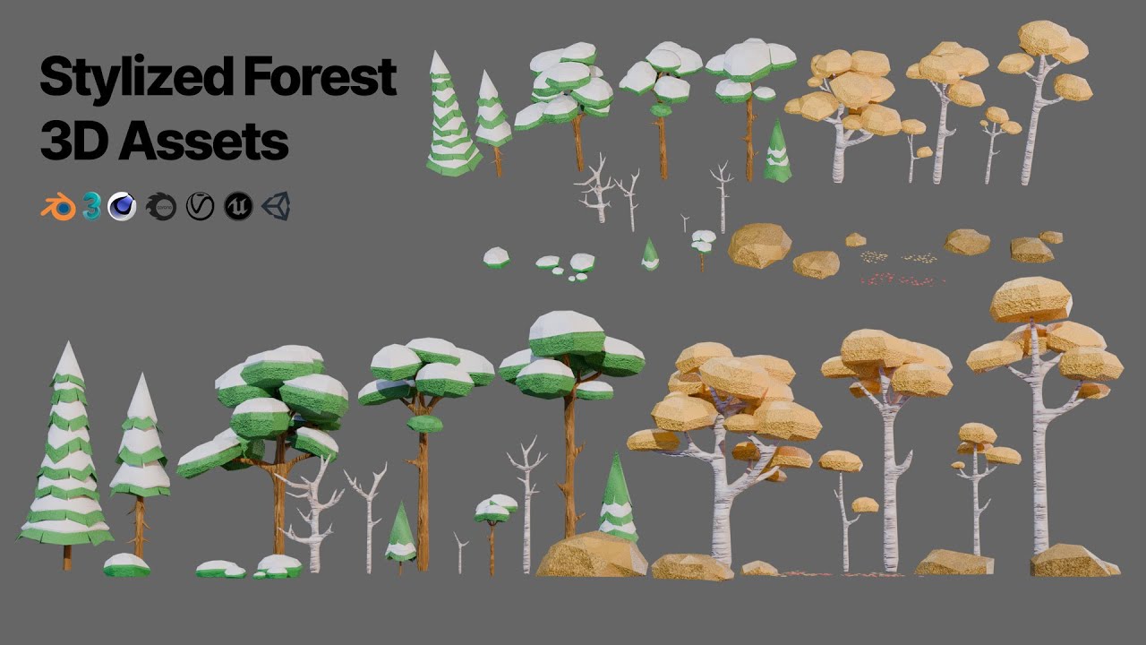 Alberi ed elementi forestali pronti per il gioco Modello 3D