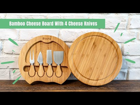 Bamboo Cheese Board and Knife Set - 10 inch Swiveling Charcuterie Board With Slide-Out Drawer, Wood Serving Platter, Round Serving Tray