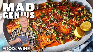 Slow-Roasted Salmon With Walnut-Olive Vinaigrette | Mad Genius | Food & Wine