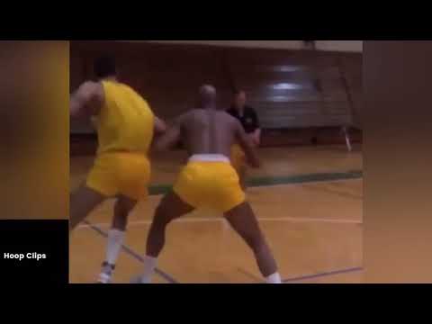 Kareem Abdul-Jabbar and Vlade Divac working on their game together (Rare)