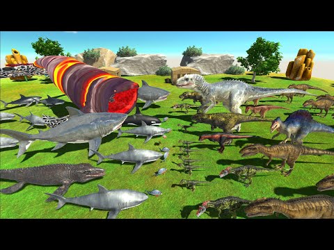 Team Indominus Rex + Dinosaurs vs Team Bloop + Aquatics - Animal Revolt Battle Simulator