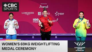 Charlotte Simoneau accepts her gold medal and the Canadian anthem plays at the Commonwealth Games