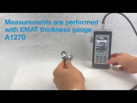 A1270 EMAT with the transducer S3950 on a small-diameter pipe specimen