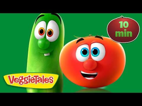 Two VeggieTales characters—a tall green cucumber and a red tomato—smile at the camera with a yellow VeggieTales logo and a 10 min badge on a green background.