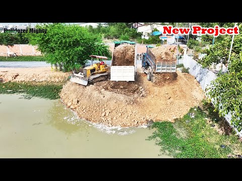 New Project, Transaction Bulldozer Komatsu D31P Push Soil & Stone Into Water, Dump Truck Unloading