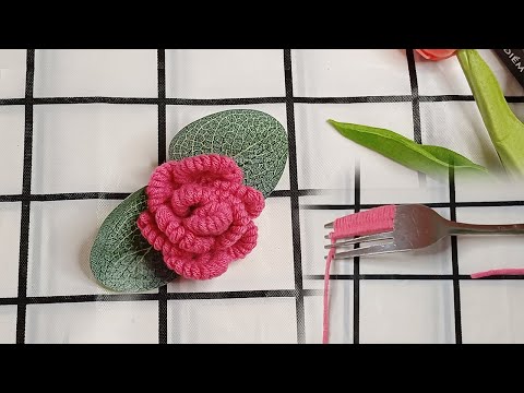 Easy Woolen Roses Making with Fork - Amazing Trick with Fork  - No Crochet Flower Woolen Rose