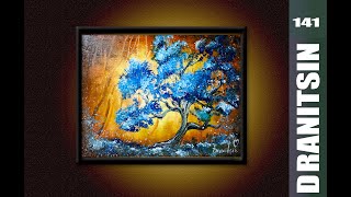Unique Painting Approach, blue tree, yellow abstract background, oval brush techniques, 141