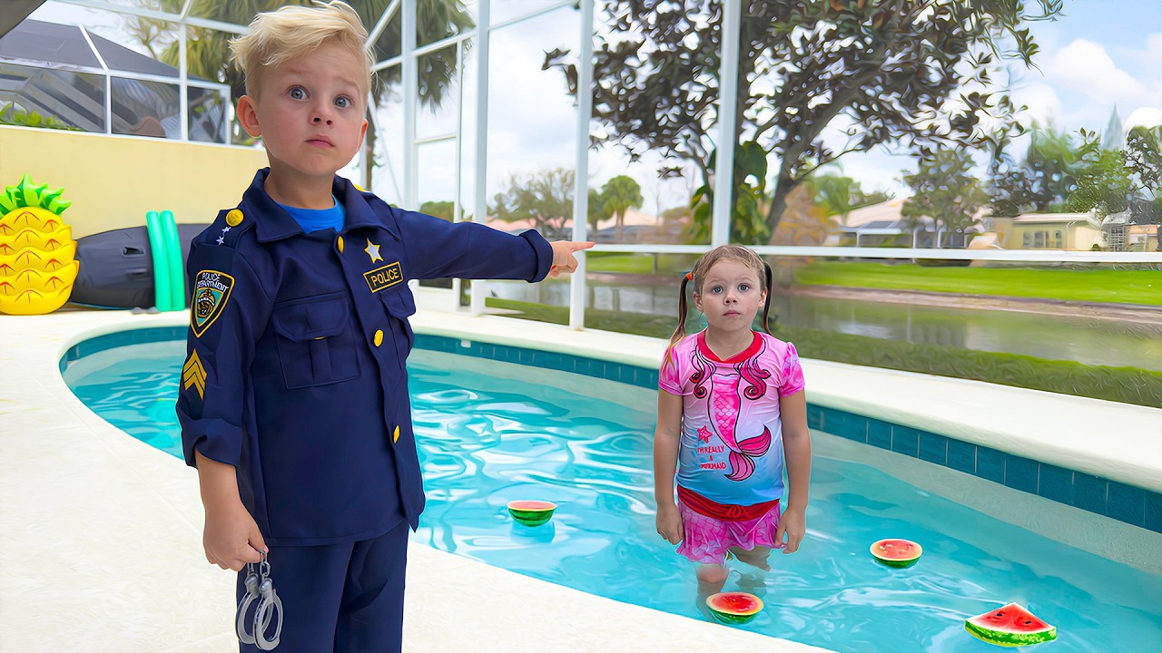 Oops! Naomi and David didn’t know watermelon isn’t allowed in the pool.