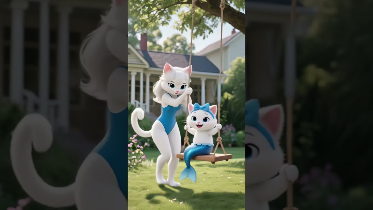 The white cat picked up a mermaid cat on the beach