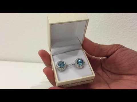 Forcolor White Gold Plated Drop Earrings with Blue Round SWAROVSKI WLEMENTS Crystal