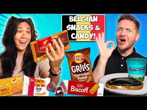 Trying 20 BELGIAN Snacks & Candy for the First Time 🇧🇪 | American 🇺🇸 & German 🇩🇪 Reaction