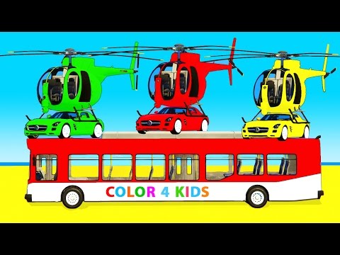 COLOR BUS & Helicopter in Cars Spiderman Cartoon for kids and 3D Superheroes for babies! Video