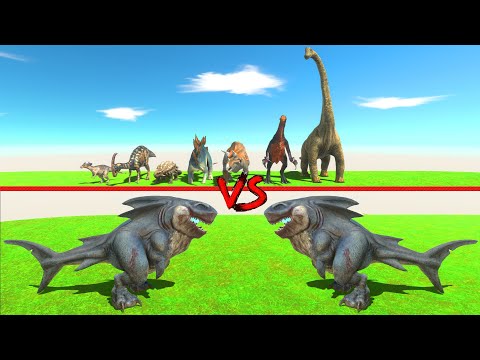 The fight between herbivore dinosaurs vs  megalodon rex groups - Animal Revolt Battle Simulator