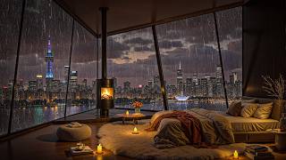 Smooth Jazz on a Rainy City Night in a Luxury Penthouse with Fireplace Ambience 🌧️