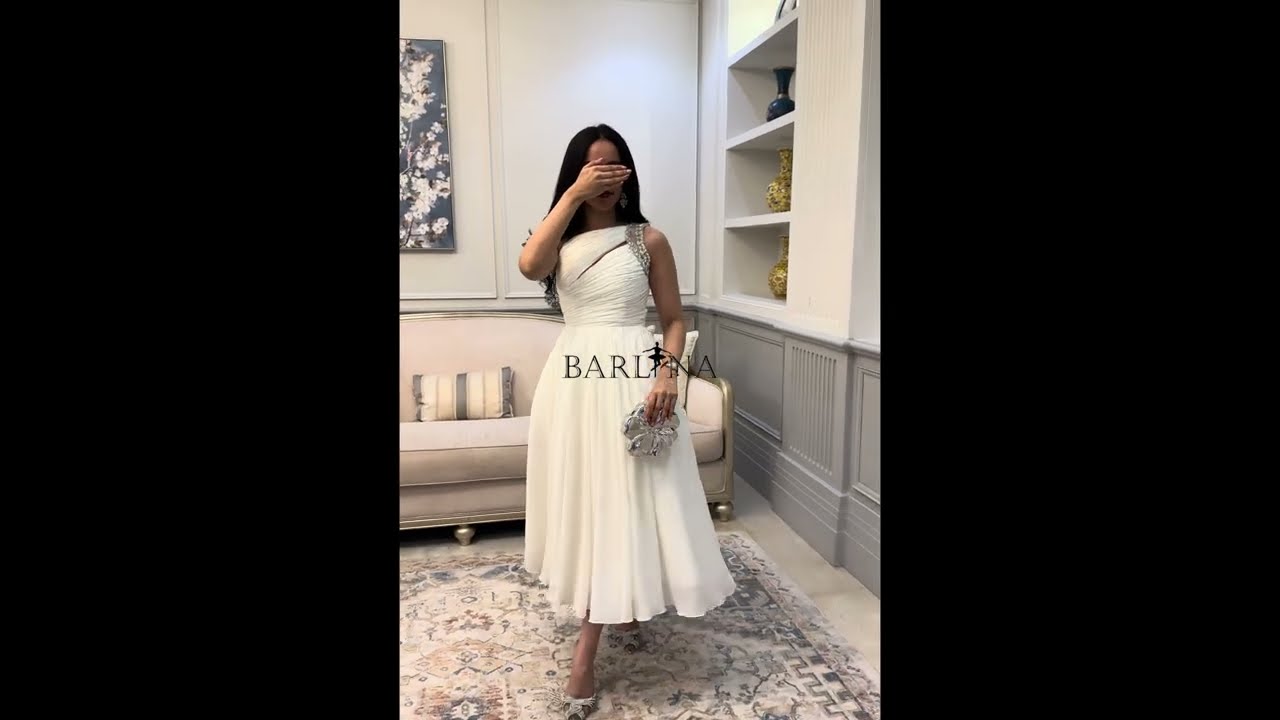 Off White Georgette Midi Dress with Crystal Shoulder - XXL