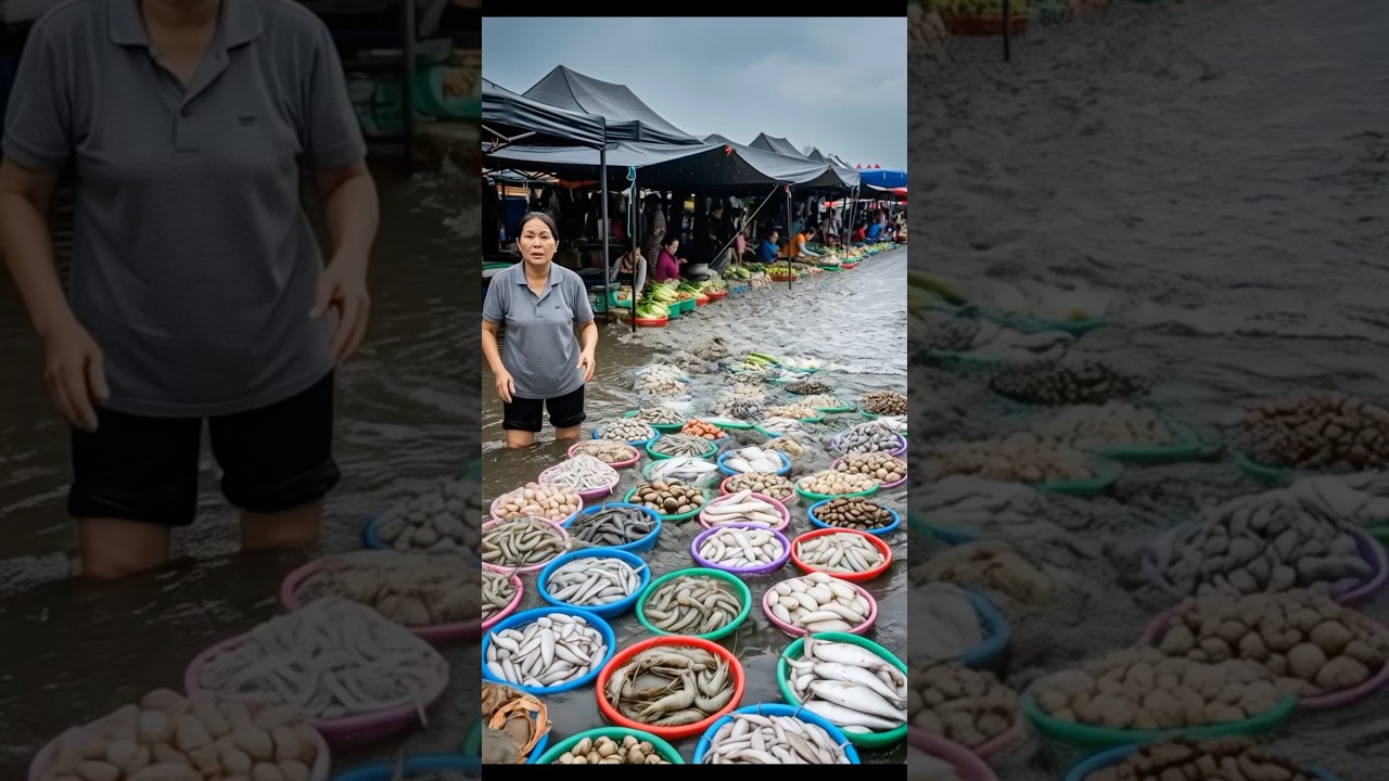 Flooded Asian Seafood Market — Powerful Water Surge Sweeps Stalls 🌊