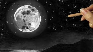 Landscape in colored pencil: the Moon in the night sky drawing - Speed Draw | Jasmina Susak
