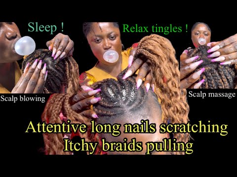 ASMR✨braid pulling & pounding, long nails ATTENTIVE scalp scratch massage on braids, braid take out.