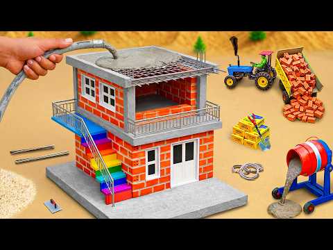Creative DIY Mini Tractor Building a 2-Story Brick House with Metal Railing | Science Project