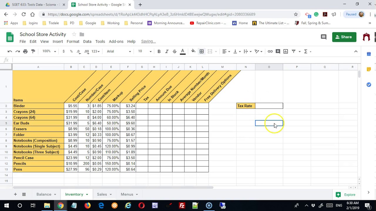 Google Sheets: School Store Project - Inventory Sheet