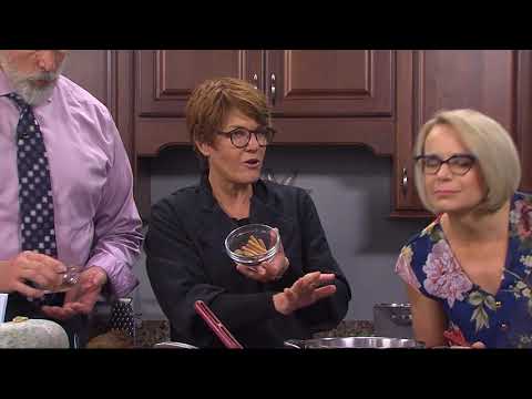 Chef Gretchen Hanson In The Kitchen Making Winter Squash & Crab Bisque And Sweet Potato Latkes