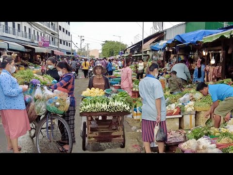 Street Market At Samhan In Evening: With Fresh Vegetable, Pork, Shrimp & More In Phnom Penh City
