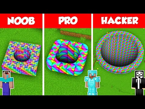 RAINBOW TUNNEL PIT BASE HOUSE BUILD CHALLENGE - NOOB vs PRO vs HACKER / Minecraft Battle Animation