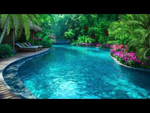 8 Hours Tropical Swimming Pool Ambience - Forest Stream & Birds Chirping, Palm Trees