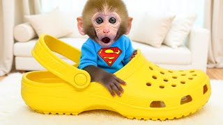 Monkey Baby Bon Bon goes to the supermarket to buy giant food and eats eggs with puppy