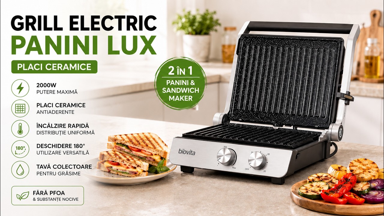 Sandwich maker și grătar electric, plăci ceramice, grill 180°, 2000W, PANINI-LUX