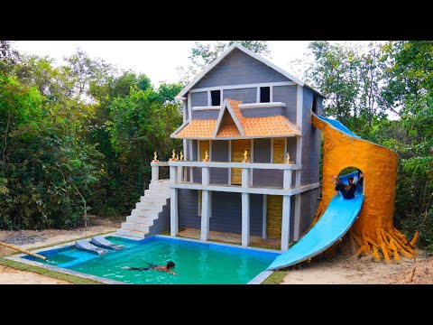 120 Days  Building Underground two-story House with water Slide To Swimming Pool