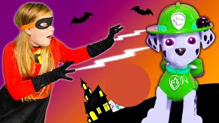 PJ Masks and Paw Patrol are Zapped by the  Assistant  Pretend Play in a Haunted House