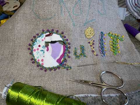 Crazy Quilt Seam Treatment Cover | Embroidered Lettering with Chain, Wheatear & Feather Stitch