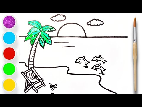 Sea Beach Scenery Drawing, Painting and Colouring for kids & Toddlers ll How to Draw, Paint Easy