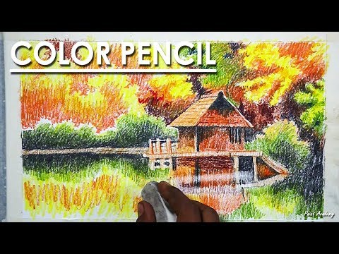 Mountains and Pine Tress Watercolor Pencil Landscape Drawing | steps to follow