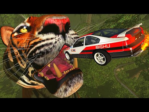 BeamNG.drive - Cars Jumping into Mouth of Tiger