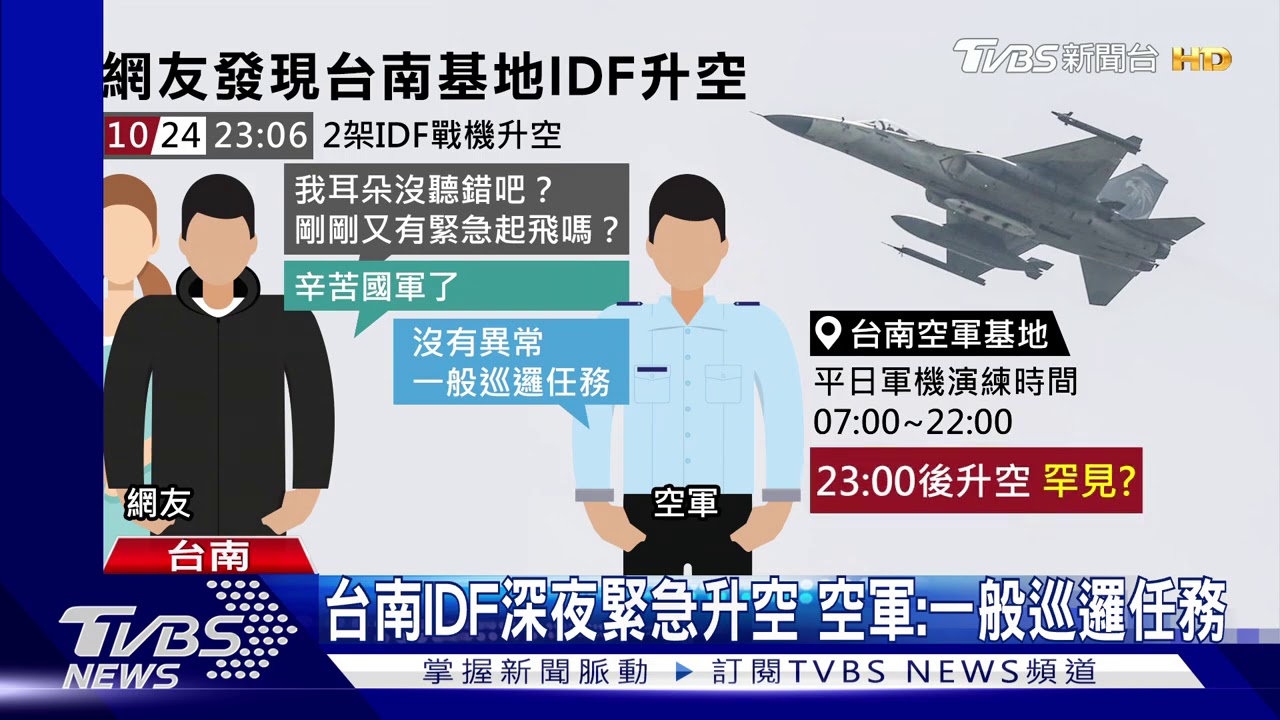 台南IDF深夜緊急升空　空軍：一般巡邏任務