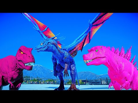 Dinosaur T-Rex and Ark Dragon Fighting Spinosaurus vs I-Rex Godzilla - Jurassic World Evolution 2