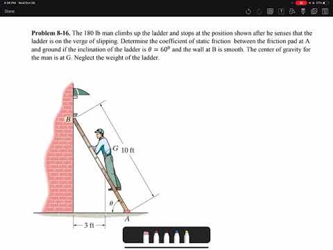 Statics Practice Problem 8-16: Friction exampe of a ladder leaning against a wall