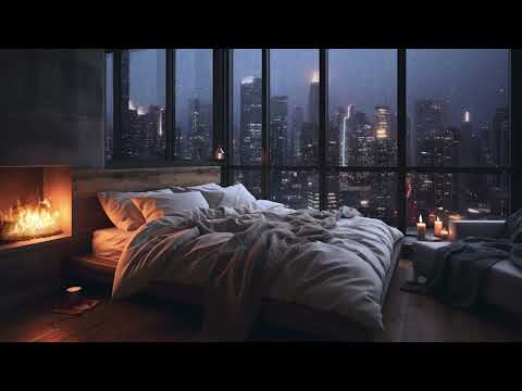 Cozy room ~ The Sound of Rain in The Big City and The Sound of The Fireplace | ASMR