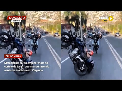 Vídeo: Motociclista cai ao empinar moto no cortejo de jovem que morreu fazendo a mesma manobra em Varginha.