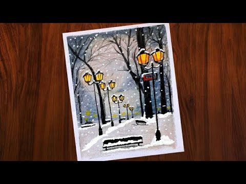 Easy Winter Snowfall Scenery Drawing for Beginners with Oil Pastels - Step by Step