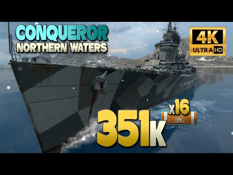 Battleship Conqueror on map Northern Waters, 351k damage - World of Warships