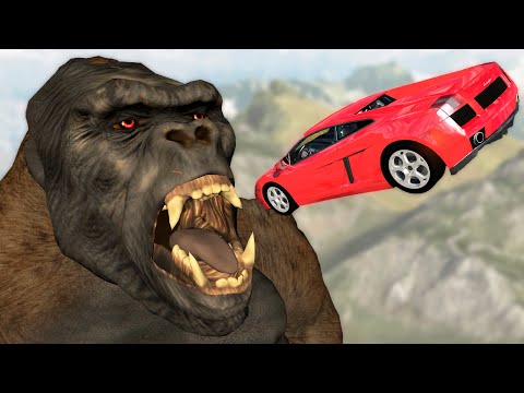 Cars Jumping into Mouth of King Kong Gorilla - BeamNG.drive