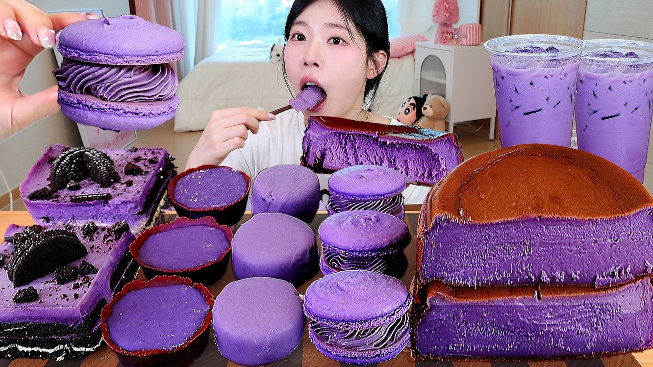 ASMR MUKBANG| 우베 디저트 케이크 아이스크림 마카롱 우베라떼 먹방 & 레시피 UBE DESSERT ICE CREAM MACARONS EATING
